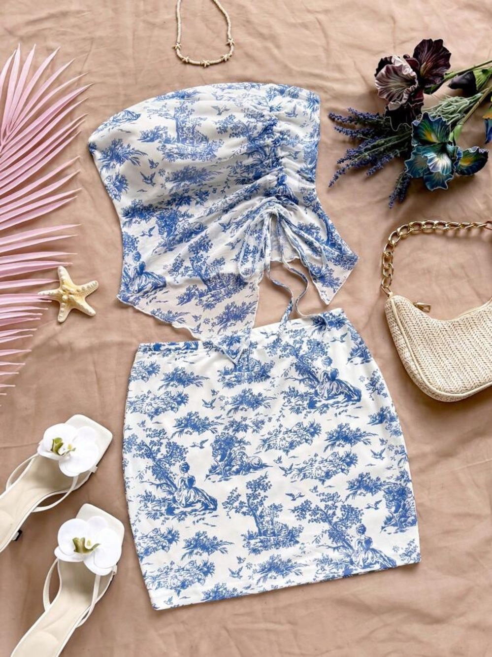 SHEIN Blue and White Toile Ruched Mini Top & Skirt Set